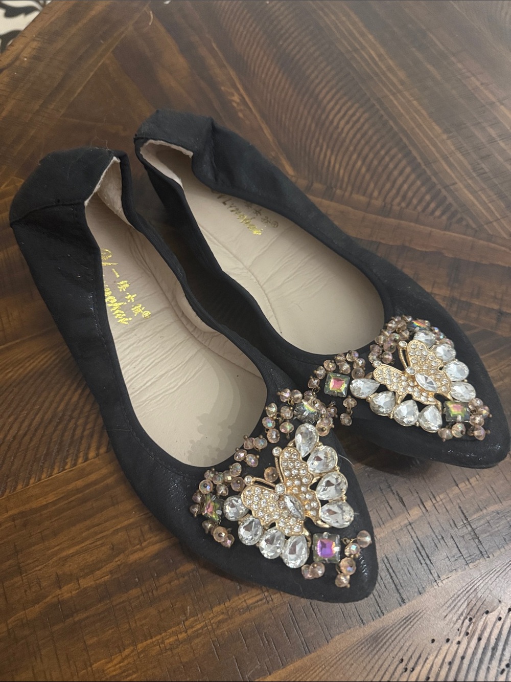 Embellished Black Pointed Toe Ballet Flats with Crystal Butterfly